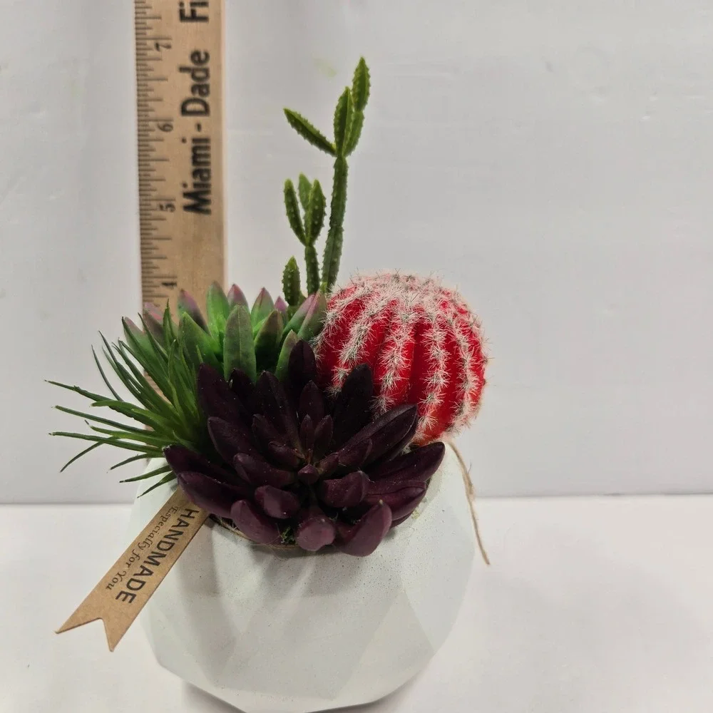 Handmade Artificial Succulent Cactus Arrangement White Geometric Pot Red Purple